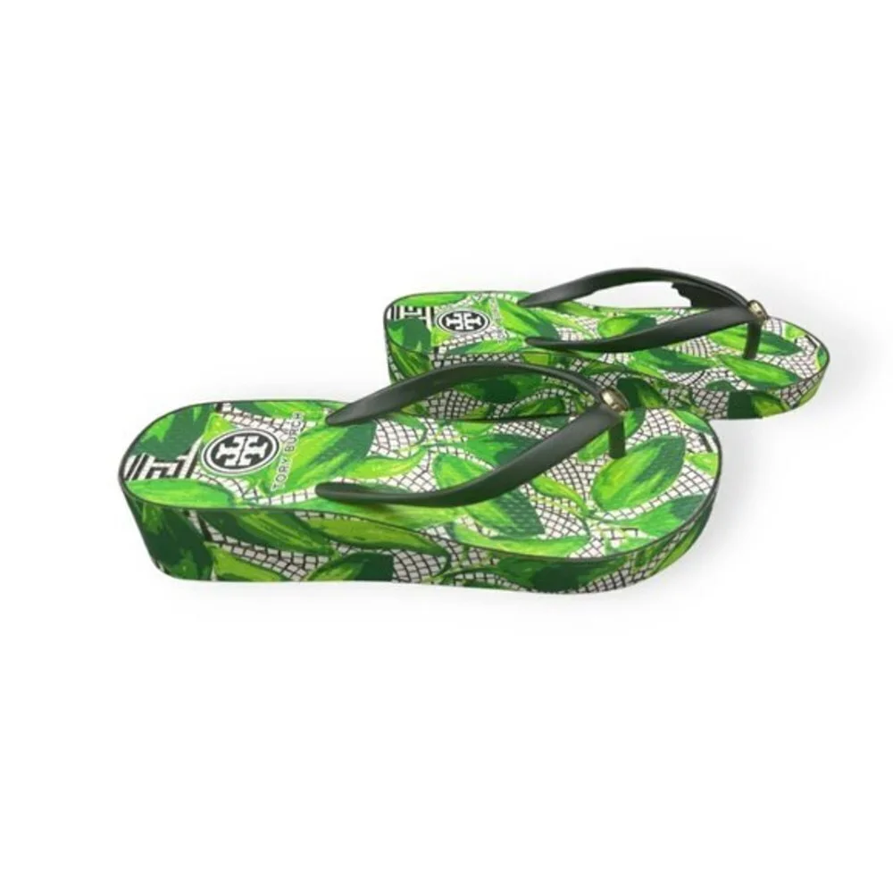 Tory Burch Tropical Green Leaf Print Platform Flip-Flop